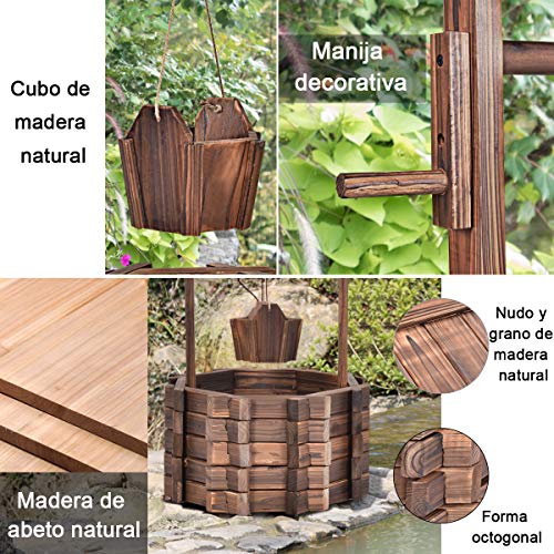 COSTWAY Pozo de Madera con Techo Cubo de Flores Maceta Decoración 56x56x114 centímetros Soporte para Plantas de Jardín Exterior