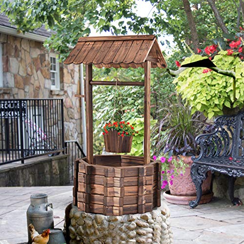 COSTWAY Pozo de Madera con Techo Cubo de Flores Maceta Decoración 56x56x114 centímetros Soporte para Plantas de Jardín Exterior