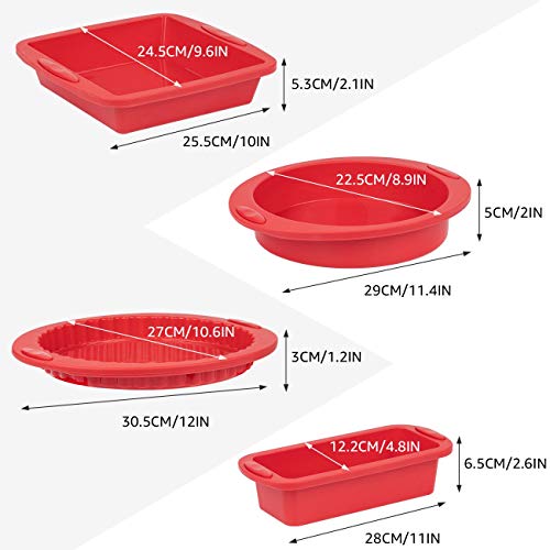 COSYLAND Juegos de 4 Moldes de Repostería de Silicona con 2 Cepillo de Aceite, Antiadherente para Hornear Pan Pasteles Quiche Pizza y Tarta Cuadrados Rectangulares y Redondos, Rojos