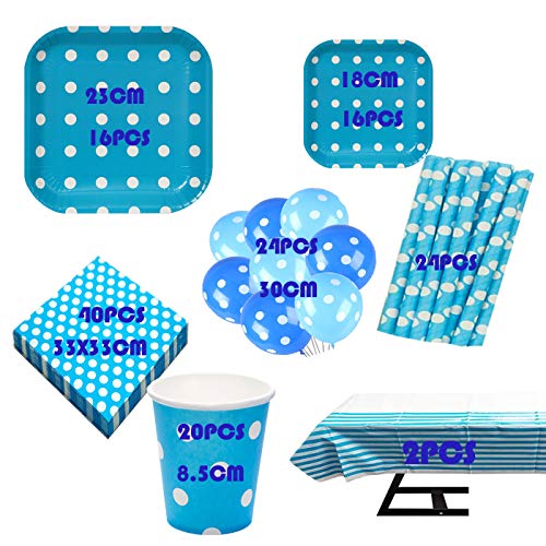 cotigo Set de Vajilla Desechables para Fiesta de Cumpleaños,para 16 Personas,Diseño Lunares,Color Azul