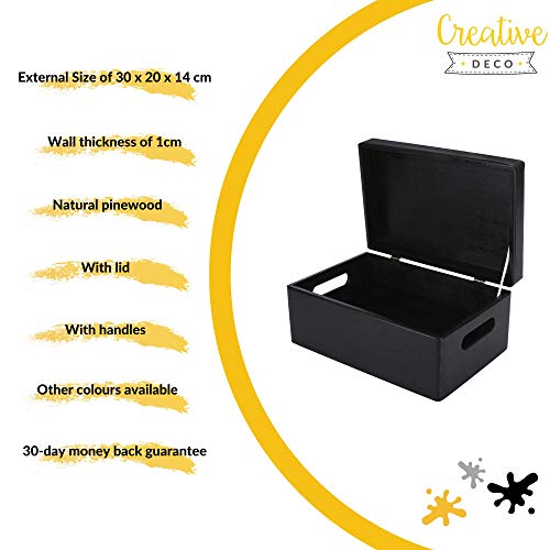 Creative Deco Negro Grande Caja de Madera para Juguetes | 30 x 20 x 14 cm (+/-1cm) | con Tapa y Asas Cofre para Decorar | Almacenaje Documentos, Objetos de Valor, Herramientas