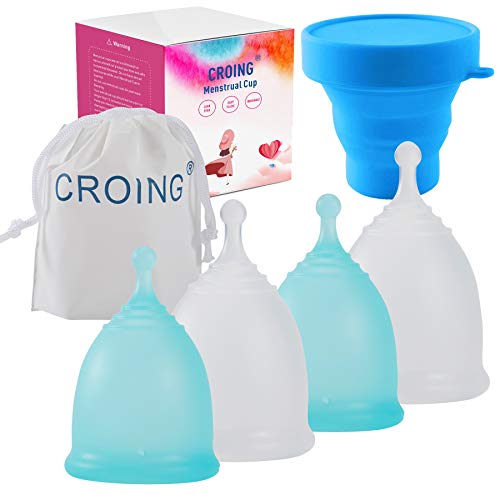 CROING 4 Copas Menstruales con 1 copa de esterilización -2 Piezas Pequeña  y 2 Piezas Grande - Menstrual Cup (Azul y Blanco)