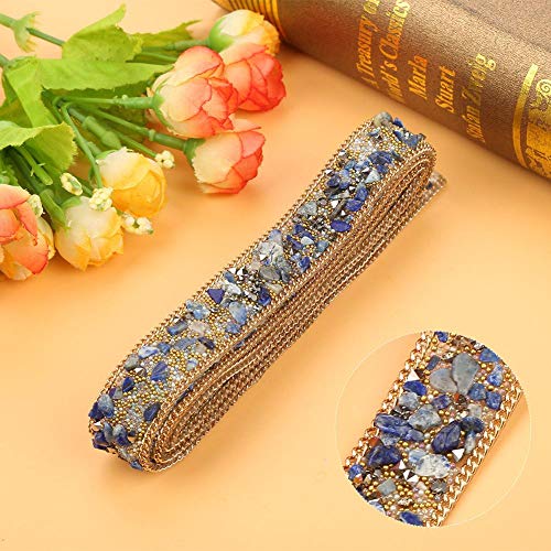 Crystal Beaded Ribbon Rhinestone Diamond Ribbon Roll Iron en parche para vestidos de baile Cinturón Apliques Ropa Bolsa Zapatos Boda Fiesta Decoración(Cuentas de arroz azul + oro + cadena de oro)