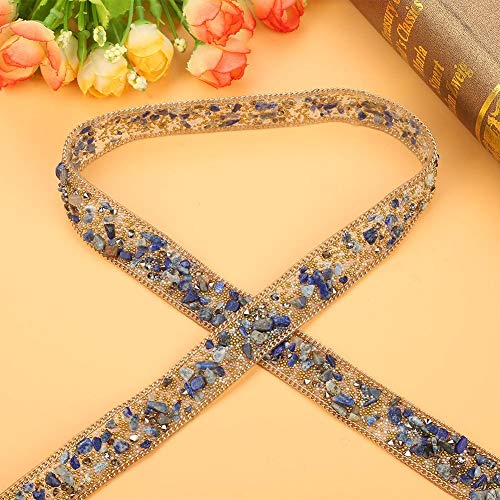 Crystal Beaded Ribbon Rhinestone Diamond Ribbon Roll Iron en parche para vestidos de baile Cinturón Apliques Ropa Bolsa Zapatos Boda Fiesta Decoración(Cuentas de arroz azul + oro + cadena de oro)