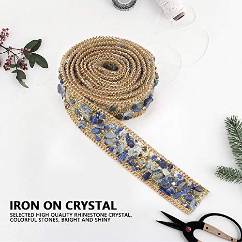 Crystal Beaded Ribbon Rhinestone Diamond Ribbon Roll Iron en parche para vestidos de baile Cinturón Apliques Ropa Bolsa Zapatos Boda Fiesta Decoración(Cuentas de arroz azul + oro + cadena de oro)