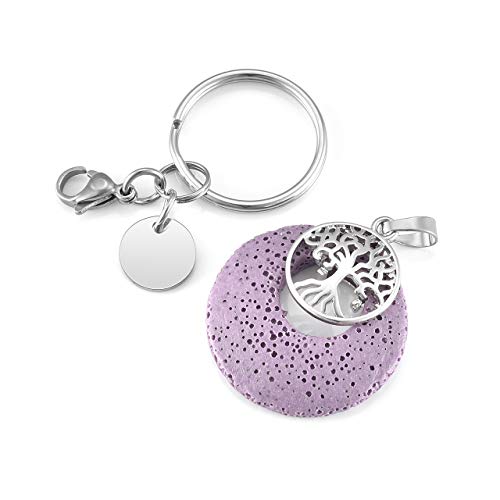 CrystalTears - Llavero de mujer con colgante de árbol de la vida de piedra volcánica multicolor con forma de redonda, ambientador de coche de acero inoxidable violeta