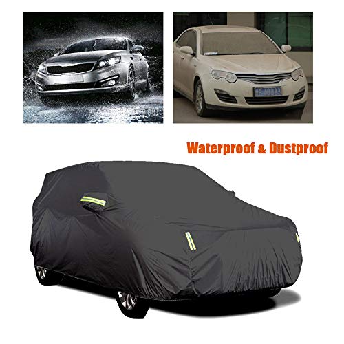 Cubierta de Coche Impermeable,KKmoon Funda Coche Exterior con 6 Tiras Rflectante,con Elastica Banda y Hebilla para Fijacion,Anti-UV Transpirable Resistente al Polvo Rasguno Nieve L(4.7 x 1.8 x 1.5M)