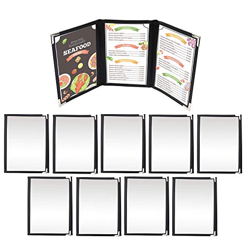 Cubiertas Tres Pliegues A5 para Menús (Pack de 10) - Cubiertas Estilo Americano Costura Doble Ribete Negro Protectores de Esquina Acero Inoxidable - para Restaurantes, Bar, Café