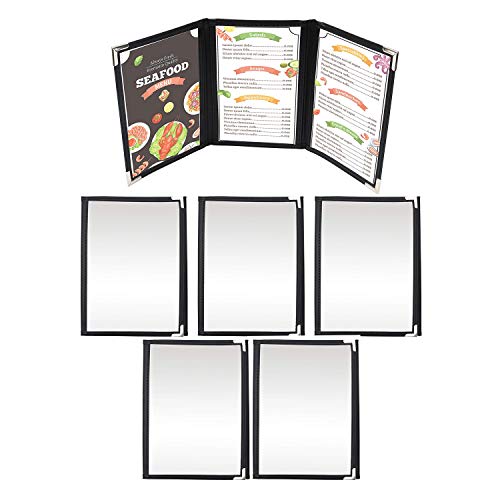 Cubiertas Tres Pliegues A5 para Menús (Pack de 5) - Cubiertas Estilo Americano Costura Doble Ribete Negro Protectores de Esquina Acero Inoxidable - para Restaurantes, Bar, Café