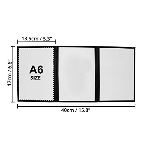 Cubiertas Tres Pliegues A6 para Menús (Pack de 5) - Cubiertas Estilo Americano Costura Doble Ribete Negro Protectores de Esquina Acero Inoxidable - para Restaurantes, Bar, Café