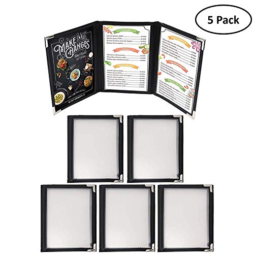 Cubiertas Tres Pliegues A6 para Menús (Pack de 5) - Cubiertas Estilo Americano Costura Doble Ribete Negro Protectores de Esquina Acero Inoxidable - para Restaurantes, Bar, Café