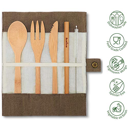 Cubierto de bambú | Cubiertos madera ecológicos |Utensilios madera | Set para picnic | Set cubiertos para camping | Cucharada, tenedor, cuchillo, pajita | 20 cm | Verde Oliva |Bambaw