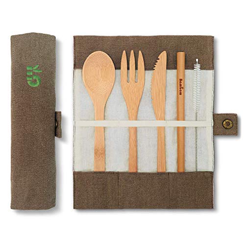 Cubierto de bambú | Cubiertos madera ecológicos |Utensilios madera | Set para picnic | Set cubiertos para camping | Cucharada, tenedor, cuchillo, pajita | 20 cm | Verde Oliva |Bambaw