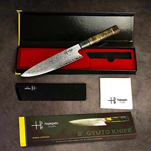 Cuchillo de chef Damasco Hajegato Mango profesional único, cuchillo de cocina japonés Vg10, alta calidad, 67 capas de acero de Damasco con funda (Gyuto Knife - 20 Cm)