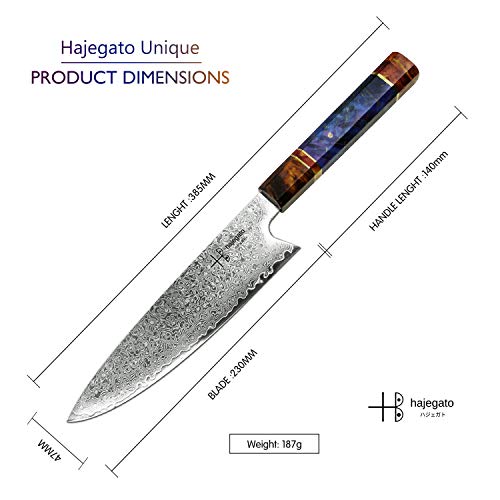 Cuchillo de chef Damasco Hajegato Mango profesional único, cuchillo de cocina japonés Vg10, alta calidad, 67 capas de acero de Damasco con funda (Gyuto Knife - 20 Cm)