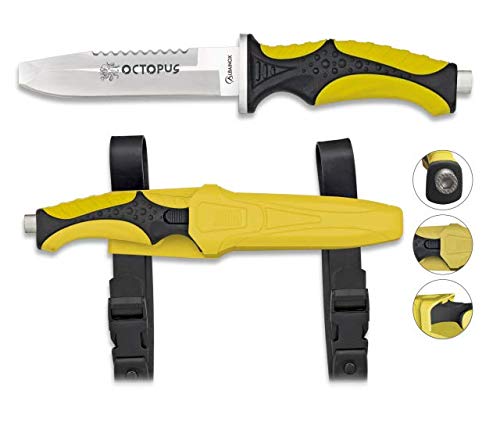 Cuchillo Submarinismo y Actividades acuaticas Octopus Amarillo 11,5 cm Buceo,Caza, Pesca, Camping, Outdoor, Supervivencia y Bushcraft Albainox 32333 + Portabotellas de Regalo