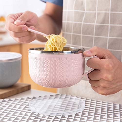 Cuenco de fideos instantáneo con tapa y asa, recipiente de acero inoxidable para alimentos, tazón para sopa, doble aislamiento, utensilios para el hogar 14*9.5cm beige