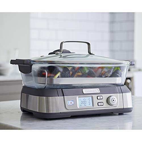 CUISINART STM1000E Vaporera multifunción de vidrio, ajustes preestablecidos para pescado, verduras, aves y cereales, ajuste manual, función mantener caliente, recalentar y pausa, 1800 W, 5 litros