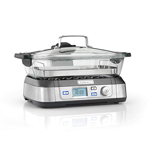 CUISINART STM1000E Vaporera multifunción de vidrio, ajustes preestablecidos para pescado, verduras, aves y cereales, ajuste manual, función mantener caliente, recalentar y pausa, 1800 W, 5 litros