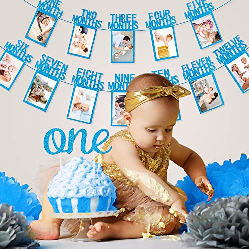 Cumpleaños Foto Banner, Primer banner de fotos de cumpleaños 1 año, 12 meses fotografía mensual Guirnalda del empavesado, ONE banner, ONE adorno de pastel para Decoración de primer cumpleaños-Azul