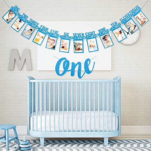 Cumpleaños Foto Banner, Primer banner de fotos de cumpleaños 1 año, 12 meses fotografía mensual Guirnalda del empavesado, ONE banner, ONE adorno de pastel para Decoración de primer cumpleaños-Azul