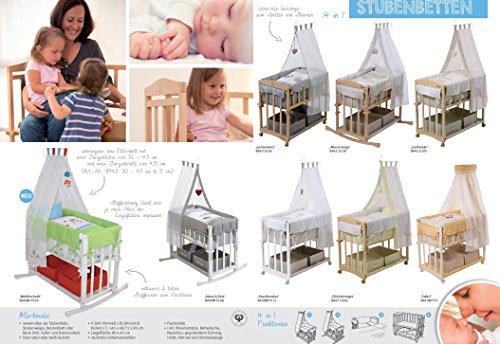 Cuna de colecho roba 4 en 1, con vestiduras 'Heartbreaker', utilizable como cuna de colecho, cuna balancin, cuna normal y banco para niños, fabricada en madera lacada en blanco y con vestiduras completas, y ropa de cuna de (80x80cm)