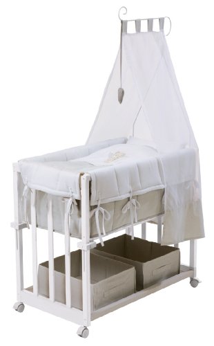 Cuna de colecho roba 4 en 1, con vestiduras 'Heartbreaker', utilizable como cuna de colecho, cuna balancin, cuna normal y banco para niños, fabricada en madera lacada en blanco y con vestiduras completas, y ropa de cuna de (80x80cm)