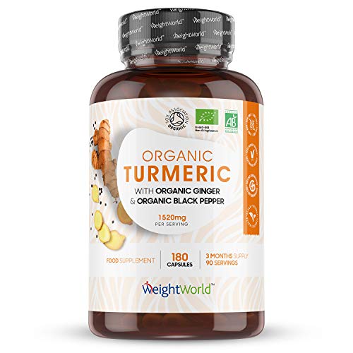 Cúrcuma Orgánica de 1520 mg con Jengibre y Pimienta Alta Absorción 180 Cápsulas - Potente Antiinflamatorio y Antioxidante, Para Sistema Inmunológico y Articulaciones, Con Curcumina y Piperina