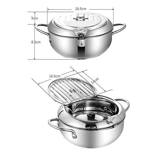 CVERY - Freidora, sartén para patatas fritas Tempura con control de temperatura con tapa con tapa abatible y soporte de filtro de aceite extraíble, olla japonesa de acero inoxidable