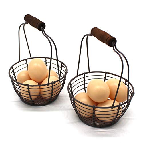 CVHOMEDECO. Minicestas de alambre de metal para huevos cestas mango de madera, estilo vintage Juego de 2