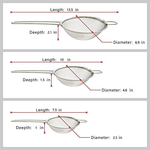 Cymax 3 Piezas Malla Fina coladores Acero Inoxidable con manija para Alimentos, Fideos y Vegetales, 7cm, 12cm, 18cm