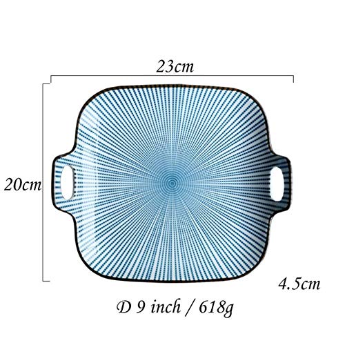 DADAN Platos de Cena de la Raya de la línea del Plato de Cena del Estilo japonés de 9 Pulgadas con los Platos Cuadrados de la vajilla de la manija Doble, D