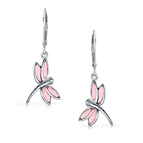 Dainty mariposa libélula jardín Iridescent rosa madre de la perla concha inlaid gota palancaback colgante pendientes para las mujeres adolescente 925 plata de ley