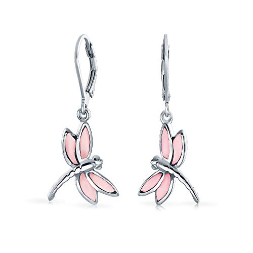 Dainty mariposa libélula jardín Iridescent rosa madre de la perla concha inlaid gota palancaback colgante pendientes para las mujeres adolescente 925 plata de ley