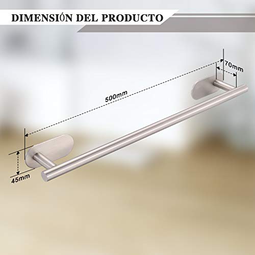 Dalmo Toallero Baño, DBTH01SR Barra para Toalla 50 cm sin Taladro, Toallero Barra de Acero Inoxidable Libre de Óxido, Toallero Adhesivo con 3M