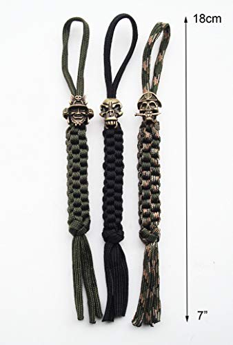 Danuland Cordón de Cuchillo de Bolsillo Paracord con Cuentas de cráneo de aleación, Colgante de Cordones artesanales para Cuchillo Plegable/Engranaje al Aire Libre/Celular, 3 Piezas