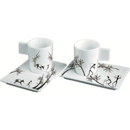 Deagourmet 197 Origini - Juego de 6 Tazas de café y 6 platillos, Porcelana Pintada a Mano, Color Blanco