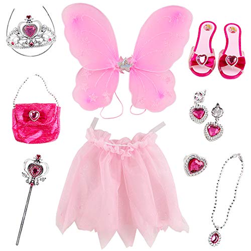 deAO Disfraz de Hada Juego Infantil de Imitación Princesa de Cuento de Hadas Conjunto Incluye Alas de Mariposa, Falda Tutú, Zapatos, Joyas, Tiara, Barita Mágica y Bolso de Mano (Rosa)