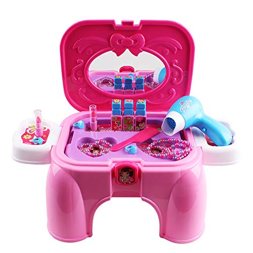 deAO Maleta de Maquillaje Conjunto 3 en 1 de Belleza y Moda Portátil Taburete Infantil y Maletín de Juegos con Accesorios Incluidos, Asa y Cerradura