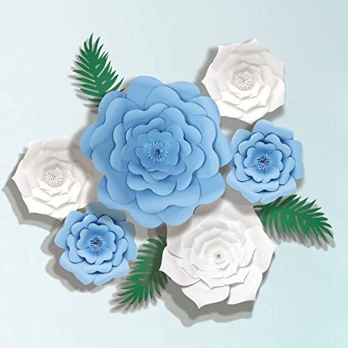 decalmile 6 Piezas Flores de Papel DIY Decoración para Bebés Guardería Niñas Cumpleaños Fondo Boda(Azul, Blanco)