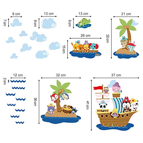 decalmile Pegatinas de Pared Animales Barco Pirata Vinilos Decorativos Infantiles Mono Elefante Adhesivos Pared Habitación Bebés Niños Guardería Baños Dormitorio Salón