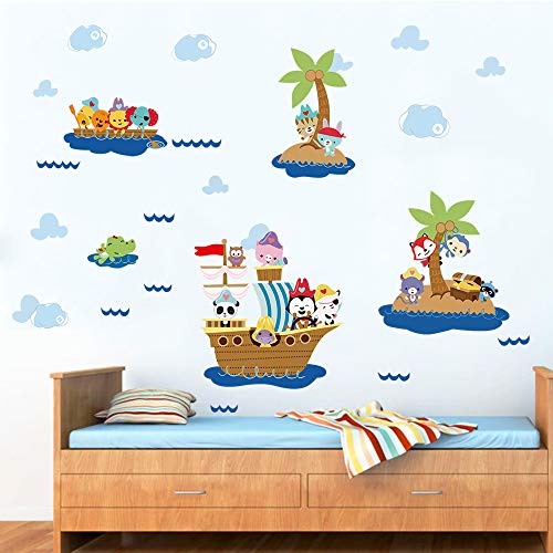 decalmile Pegatinas de Pared Animales Barco Pirata Vinilos Decorativos Infantiles Mono Elefante Adhesivos Pared Habitación Bebés Niños Guardería Baños Dormitorio Salón