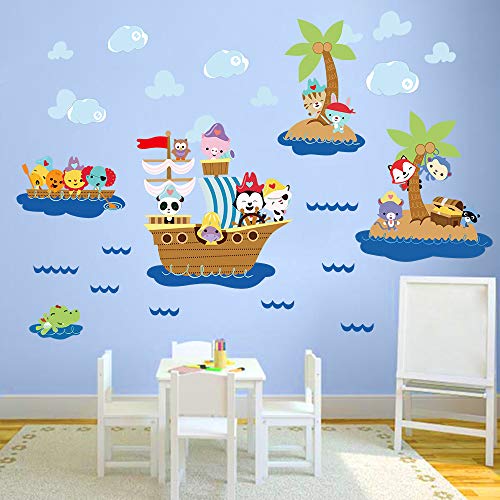 decalmile Pegatinas de Pared Animales Barco Pirata Vinilos Decorativos Infantiles Mono Elefante Adhesivos Pared Habitación Bebés Niños Guardería Baños Dormitorio Salón