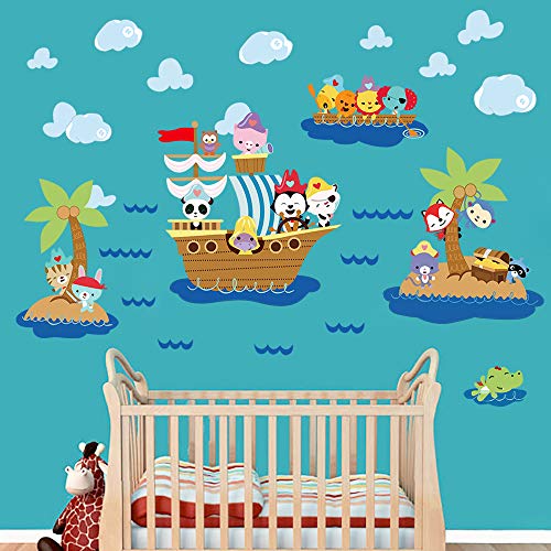 decalmile Pegatinas de Pared Animales Barco Pirata Vinilos Decorativos Infantiles Mono Elefante Adhesivos Pared Habitación Bebés Niños Guardería Baños Dormitorio Salón