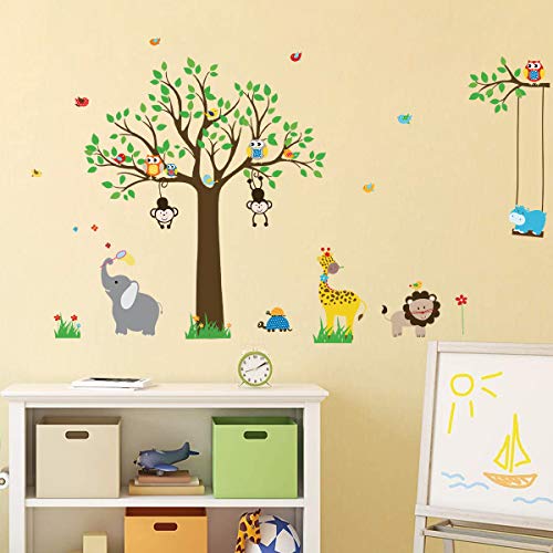 decalmile Pegatinas de Pared Animales Jungla Árbol Vinilos Decorativos Búhos Monos Elefante Adhesivos Pared Habitación Infantiles Niños Bebés Guardería