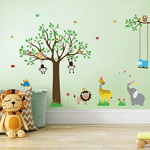 decalmile Pegatinas de Pared Animales Jungla Árbol Vinilos Decorativos Búhos Monos Elefante Adhesivos Pared Habitación Infantiles Niños Bebés Guardería