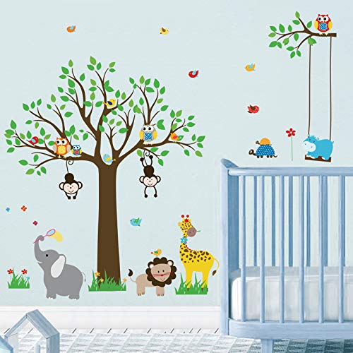 decalmile Pegatinas de Pared Animales Jungla Árbol Vinilos Decorativos Búhos Monos Elefante Adhesivos Pared Habitación Infantiles Niños Bebés Guardería