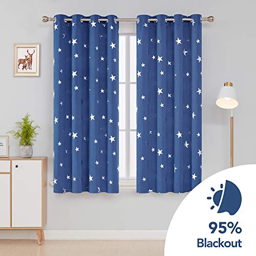 Deconovo Cortina Opaca para Ventana Dormitorio Juvenil para Habitacion Matrimonio Estilo Moderno Elegante Infantiles Estrella Plateada 117 x 138 cm Azul Oscuro