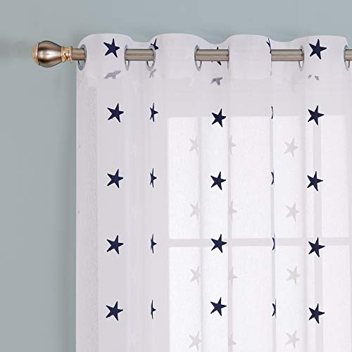 Deconovo Cortinas de Visillos con Estrellas Azules para Ventanas Cortinas Translúcidas para Dormitorio 2 Piezas 140 x 260 cm Azul Oscuro Estrellas Grandes