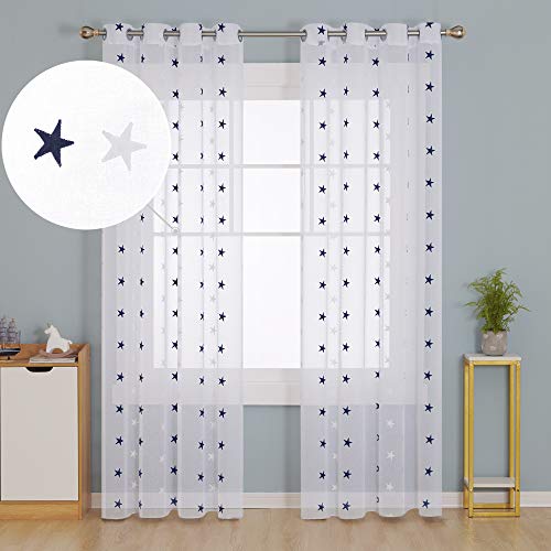 Deconovo Cortinas de Visillos con Estrellas Azules para Ventanas Cortinas Translúcidas para Dormitorio 2 Piezas 140 x 260 cm Azul Oscuro Estrellas Grandes